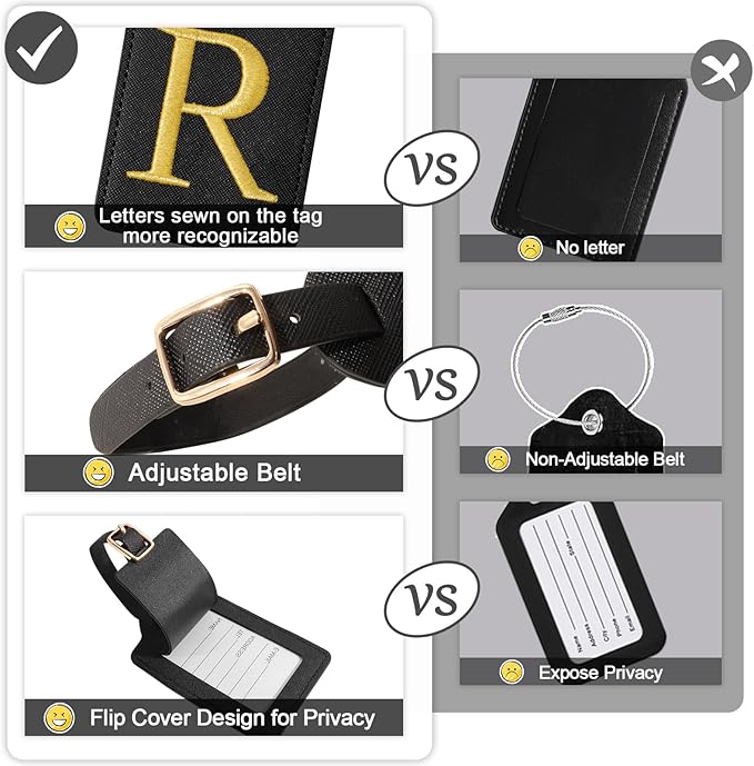 Personalized Initial Luggage Tags for Suitcases, Cute PU Leather Embroidered Letter Travel Luggage Tags, Suitcase Identifier Name Baggage Tag, Bag Tags for Men Women Kids Luggage Handbags(Black R)