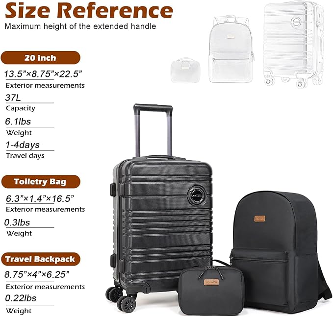 ABS+PC Carry on Luggage set with backpack 3 Pcs suitcace with Spinner wheels TSA Lock 20-In hardshell Lightweight Luggage set(Black)
