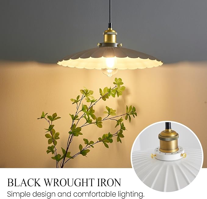 2Pack Hanging Lamp Plug in White 15.7" Shade Cozy Vintage Pendant Light for Kitchen Island and Dining Room, Farmhouse Hanging Lamp with Brass Accent, Adjustable Light Cord