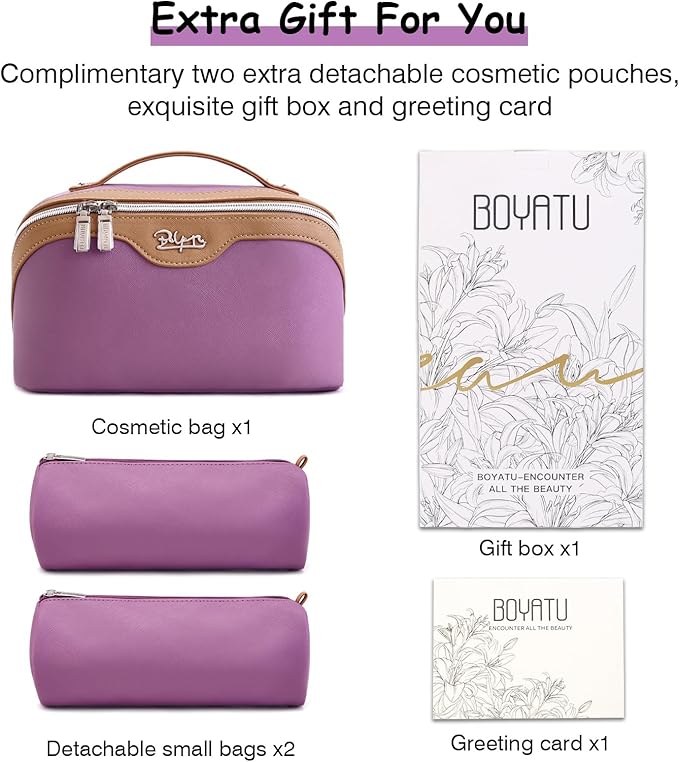 BOYATU Travel Makeup Bag Organizer Cosmetic Bag: 3 Pcs Set Make up Bags for Women with Handle - Waterproof Vegan Leather Toiletry Bags Travel Essentials Pouch with Compartments (A-05-Purple)