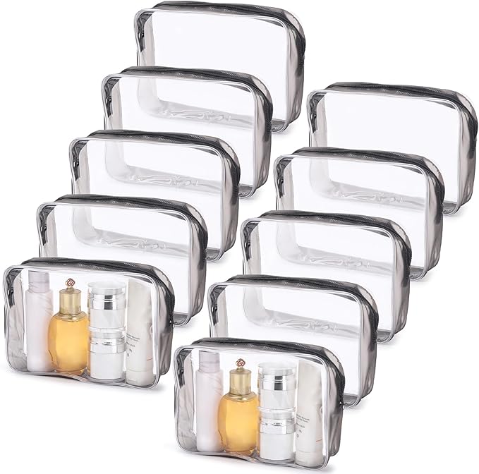 Tbestmax 10 Pack Clear Cosmetic Bags Makeup Bags Portable Waterproof TSA Approved Travel Toiletry Bags Large Organizer Matte Black, 9" x 6.3" x 2.6"