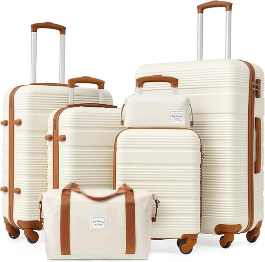 LONG VACATION 6 Piece ABS+PC Hardshell Luggage Set with Spinner Wheels, Lightweight suitcase set with TSA Lock & YKK Zipper