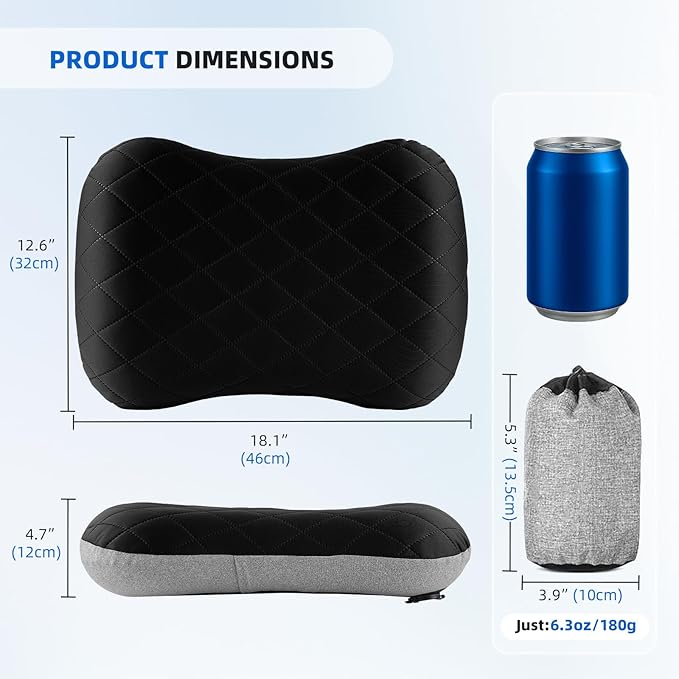 aiGear Inflatable Camping Pillow, Ultralight Compact Air Pillow Ergonomic Neck & Lumbar Support Portable Inflatable Pillow with Removable Washable Cover for Travel Backpacking Hiking (Black)