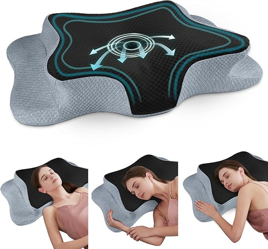 Cervical Neck Pillow for Pain Relief Sleeping, Memory Foam Pillows, Ergonomic Side Sleeper Pillows Orthopedic Neck Support Pillow for Back Stomach Sleepers-King Size Black&Grey