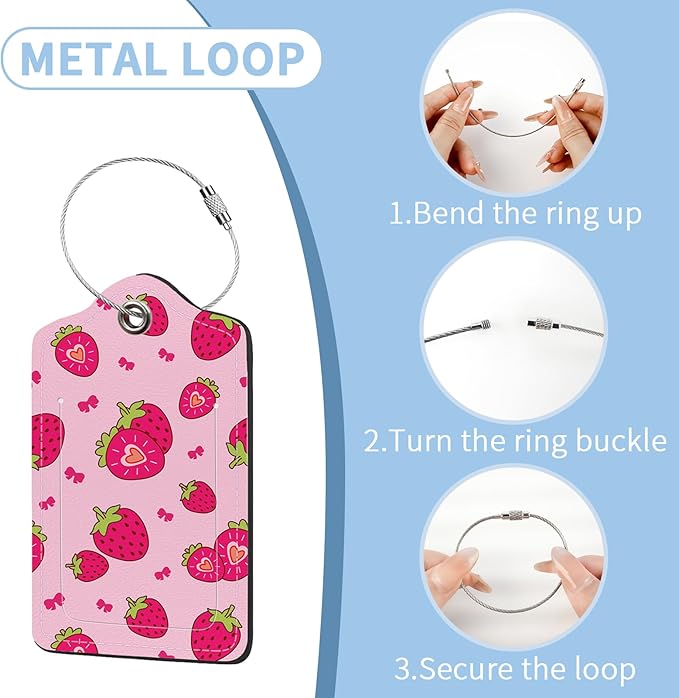 2 Pcs Luggage Tag for Suitcases, Cute Strawberry Bows PU Leather Suitcase Tag Privacy Cover Name ID Label with Metal Loop, Personalized Baggage Identifier for Women Bag Travel Essentials