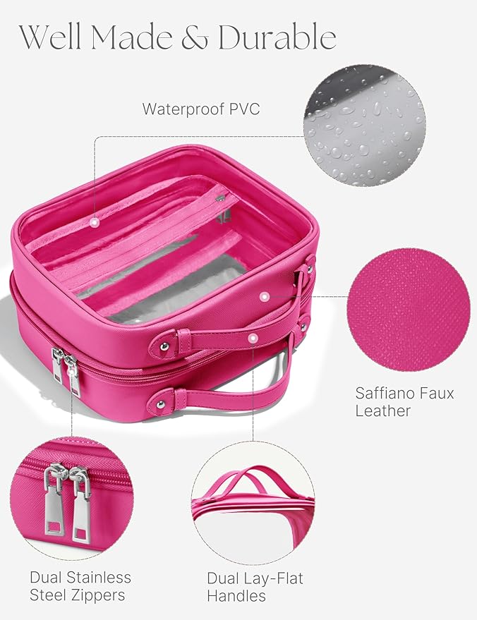 Clear Cosmetic Bag Double Layer Travel Toiletry Bag Clear Makeup Bag Case with 4 Compartments, Transparent Travel Bag for Toiletries, Large Toiletry Bag for Women Cosmetic Case (Hot Pink, Large)