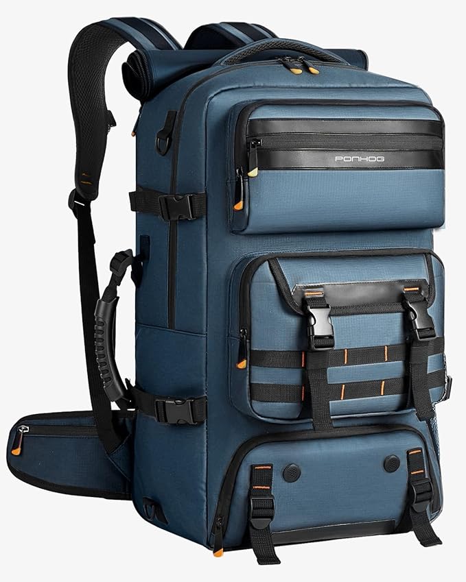 Ponhog Travel Backpack for Men, 50L Carry On Flight Approved Convertible Duffle Bag with Shoe Compartment, 17 inch Laptop Luggage with USB Charging Port for Weekender Hiking, Blue