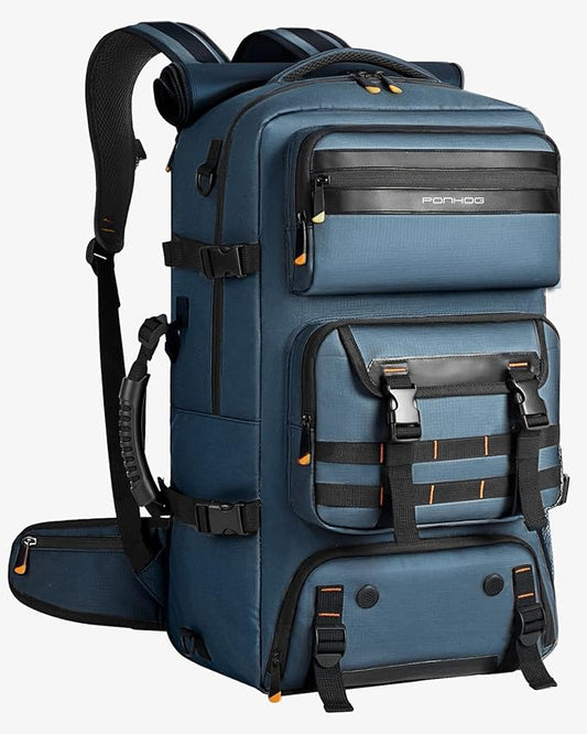 Ponhog Travel Backpack for Men, 50L Carry On Flight Approved Convertible Duffle Bag with Shoe Compartment, 17 inch Laptop Luggage with USB Charging Port for Weekender Hiking, Blue