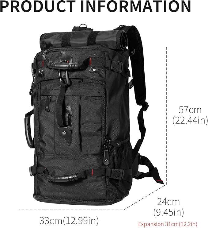 Large Capacity For Travel Hiking Sports Carry On Backpack Durable Convertible Duffle Bag Laptop airplane (black, 60L-Large)