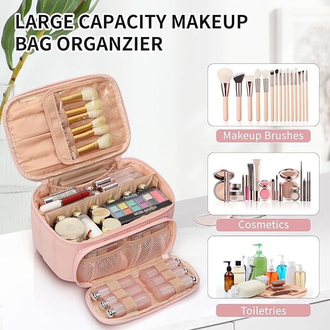 OCHEAL Makeup Bag, Multifunctional Make Up Bags Large Compact Makeup Bag Organizer Cosmetics Toiletry Brushes Storage Makeup Case with Handle for Women Girls Makeup Case with Handle-Pink