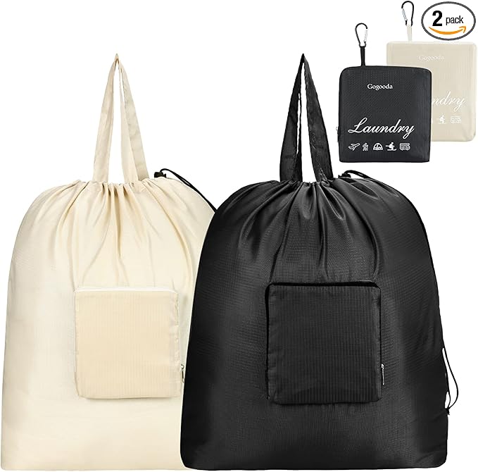 GOGOODA Travel Laundry Bags with Drawstring Closure XL Large Foldable Dirty Clothes bags with Handle Heavy Duty and Washable for College Dorm Travelling Camping, 2 Pack, Black & Beige