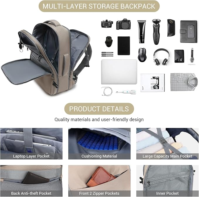 MOLNIA 50L Expandable Travel Backpack for Women Men, Carry On Travel Essentials, Flight Approved Fits 21 Inch Laptop Backpack, Waterproof Business Suitcase Weekender Backpack, Beige