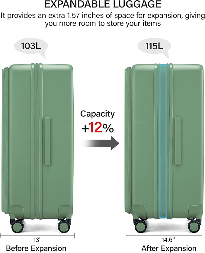 Hanke 28 Inch Expandable Checked Luggage with Cup Holder and Charger Port, Top Opening Hard Shell Large Suitcases with Wheel, Big Travel Rolling Suitcase Trunk Luggage with Lock,Forest Green