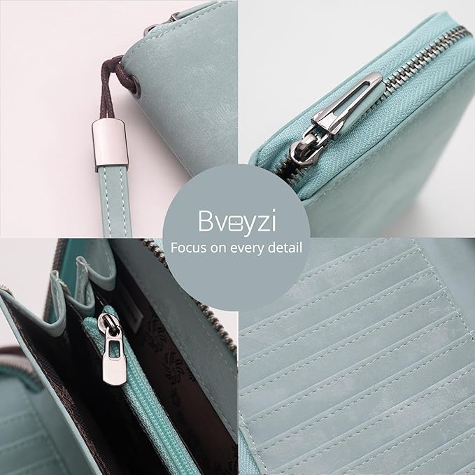 Bveyzi Women RFID Blocking Wallet Leather Zip Around Phone Clutch Large Capacity Ladies Travel Purse Wristlet | RFID Blocking, Zip Around, Large Capacity