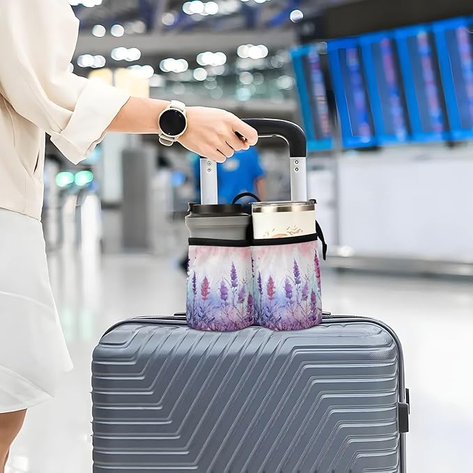 Lavenders Flowers Butterflies Purple Travel Luggage Cup Holder for Suitcase Free Hands Drink Carrier with Storage Pockets for Coffee Mugs Bottles