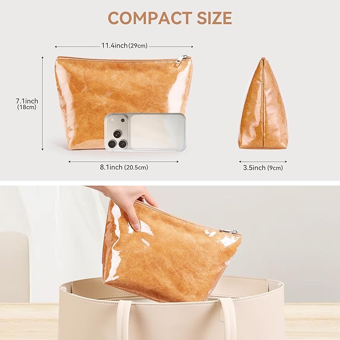 WLLWOO PVC Waterproof Makeup Bag Kraft Paper Cosmetic Bag Travel Toiletry Zipper Pouch Organizer for Women Purse