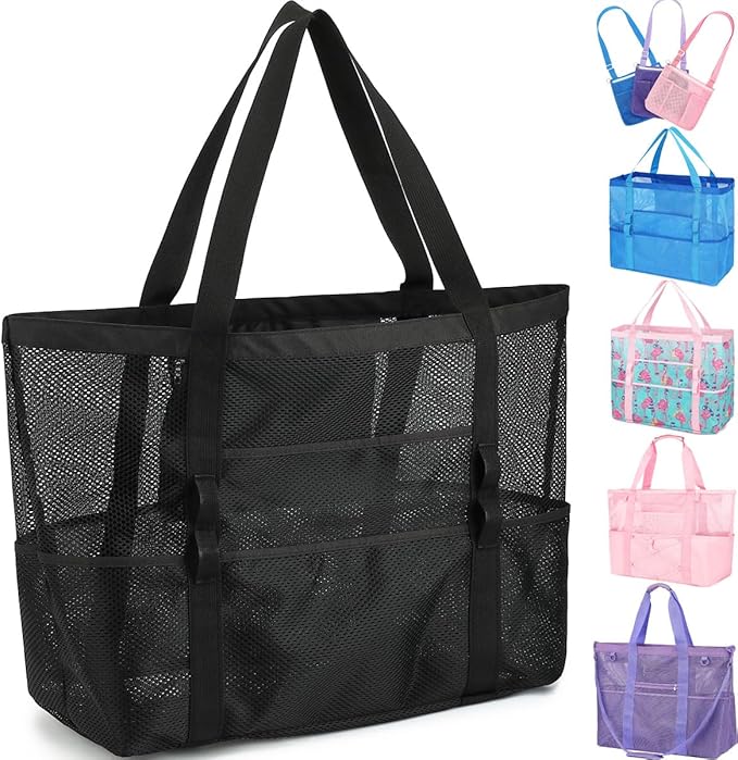Fammart Mesh Beach Bag, Large Beach Tote with Zipper Pocket, Toys Pool Bag for Family Travel Vacation Cruise Essentials