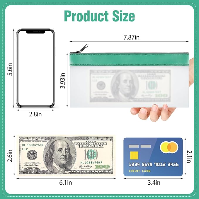 6 Pieces Money Bags with Zipper, 7.8×3.9 Inch Cash Envelopes Money Pouch Clear Bank Deposit Cash Bag for Multi-Purpose Check Wallet Coin Makeup Pen School Supplies