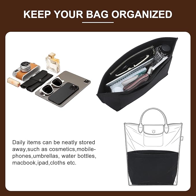 Doxo Felt Purse Organizer Insert for Longchamp Le Pliage M Totes, Longchamp Orgainzer Insert Meduim with 7 Compartments & YKK Zipper | Fits Long Champ Meidum Top Handle Tote Bag (SM, Black)