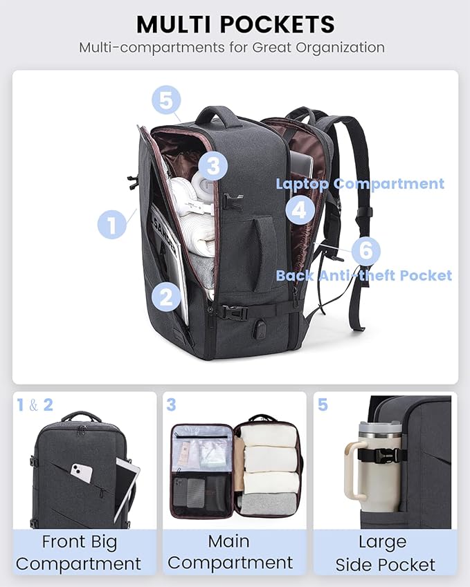 LOVEVOOK Travel Backpack, 40L Extra Large Backpack, Carry on Backpack 17 Inch with USB Port, Water Resistant Business Backpack for Men Women, Dark Grey