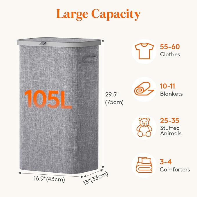 Lifewit 105L Large Laundry Basket with Lid, Laundry Hamper with Plastic Handles and Removable Bag, Foldable Tall Dirty Clothes Hampers for Laundry for Laundry Room, Bedroom, Bathroom, Dorm, Light Gray