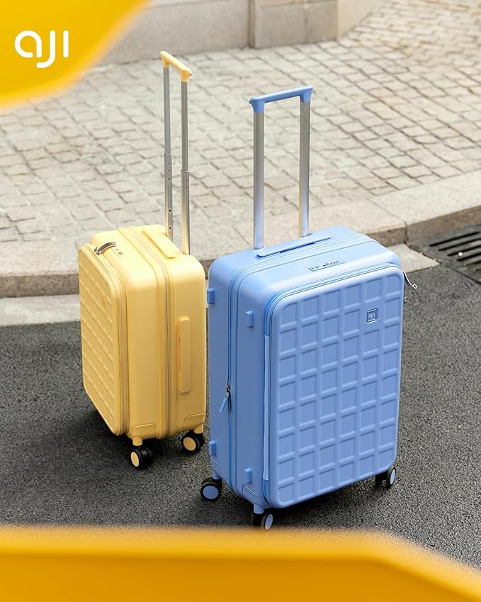 aji Expandable Top Opening 24 Inch Checked Luggage with Spinner Wheels, Large Suitcase with TSA Lock, Hard Shell Travel luggage Suitcases for Men Women, for 12+Days Travel, Cheese Yellow