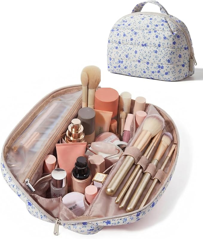 BAGSMART Travel Makeup Bag for Women, Portable Fold-down Cosmetic Case, Puffy Padded Make Up Organizer Pouch, Water-resistant Toiletry Bag for Toiletries, Brushes (Blue Ditsy Floral Print)