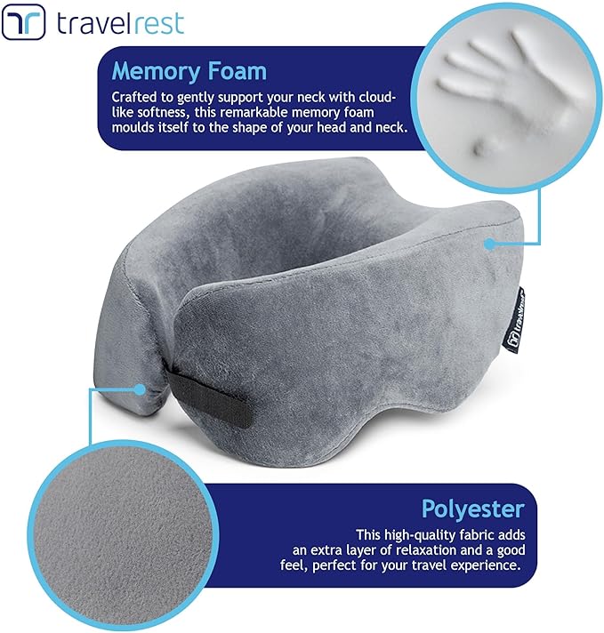 TRAVELREST Nest Neck Support Pillow - Travel Essentials, Memory Foam, Compact Travel Pillow for Long Flights, Plane Sleeping Accessories, Comfortable, Compact, Washable, Attaches to Luggage - Gray