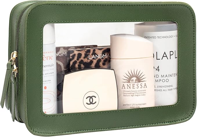 LETGO Clear Makeup Bags, TSA Approved Toiletry Bag with Zipper, Travel Makeup Organizer Fit Carry-on Travel Essentials,Small Cosmetic Bags Pouch for Women Men (Clear-Vintage Green)