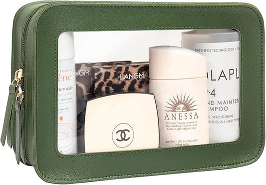 LETGO Clear Makeup Bags, TSA Approved Toiletry Bag with Zipper, Travel Makeup Organizer Fit Carry-on Travel Essentials,Small Cosmetic Bags Pouch for Women Men (Clear-Vintage Green)