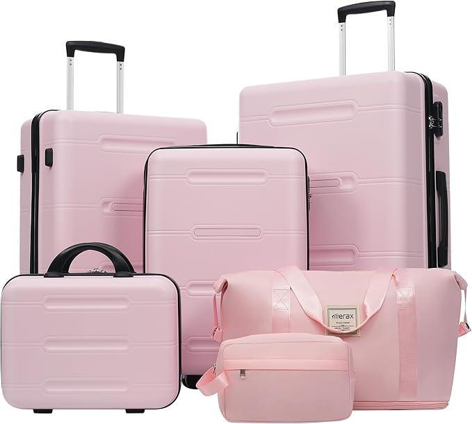 Merax Luggage Set 6 Piece,Lightweight Hardshell Suitcase with Double Spinner Wheels Handle Password Lock,14 IN Cosmetic Case 20/24/28 IN Luggages with Duffel Bag and Toiletry Bag,Pink