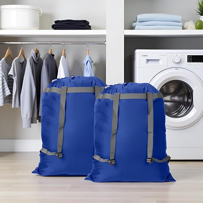 2 Pack Laundry Bag Backpack, 27” x 34”Sturdy Laundry Bag with Shoulder Straps Drawstring Closure Heavy Duty Foldable Laundry Backpack for College, Travel, Laundromat, Apartment (Blue)
