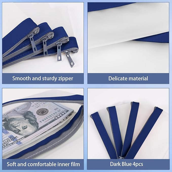 4 Pieces Money Bags With Zipper, Cash Envelopes, 7.6 x 3.7 Inch Money Pouch, Clear Bank Deposit Bag, Coin Bag for Collectors, Multi-Purpose Check Wallet (Dark Blue)