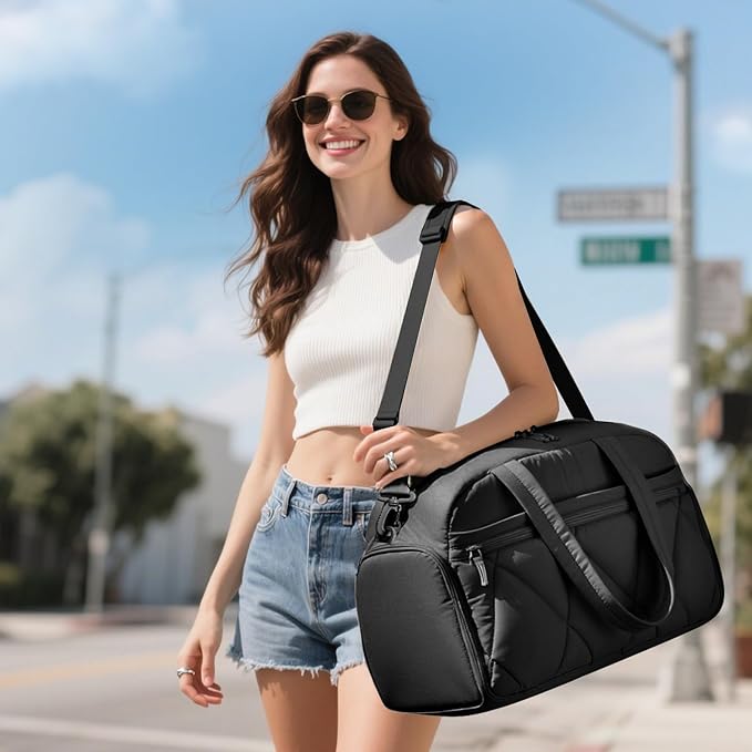 Gym Bag for Women, Puffer Travel Duffle Bag With Shoes Compartment & Wet Pocket, Carry On Tote Bag For Weekender, Overnight, Sport duffel bags for traveling (Black, Large)