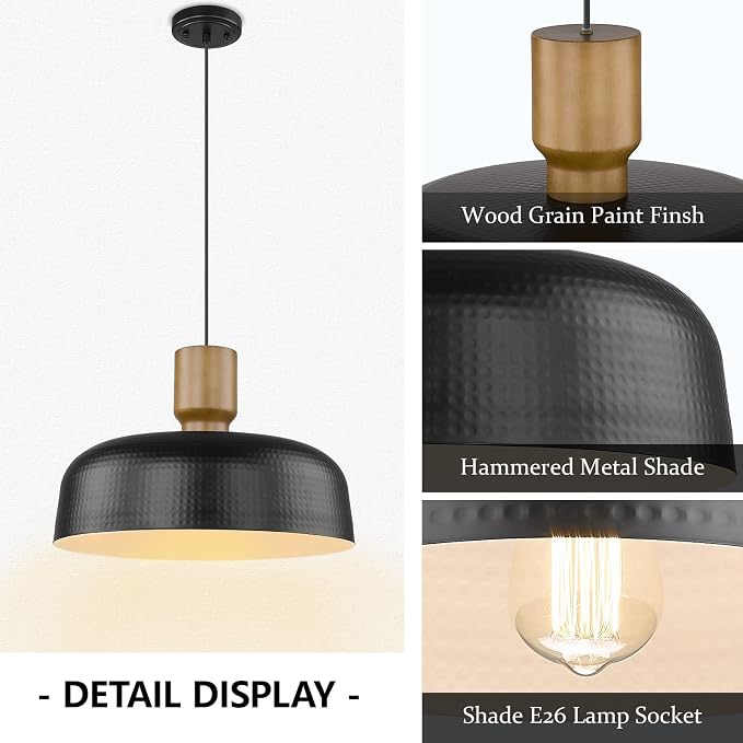Darkaway Large Industrial Pendant Light Fixtures 18.1inch Ceiling Hanging Lamp with Hammered Metal Shade, Black Oversized Pendant Lighting for Kitchen Island Adjustable Height