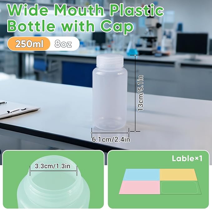 DEMORA 8 oz Plastic Bottles with Lids, Airtight Refillable Wide Mouth Travel Bottles for Toiletries, PP Food Grade Plastic Containers for Liquids Pill Water Sample Lab Reagent (Clear, 2 Pcs)