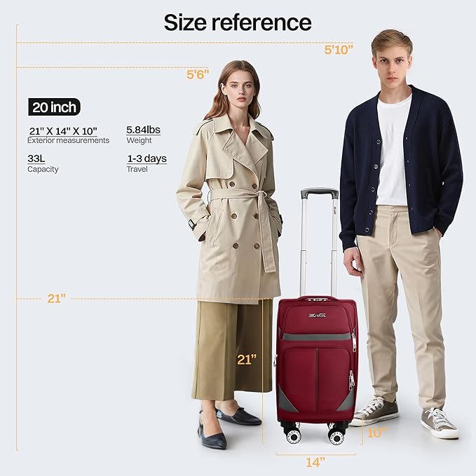 20" Luggage, Softside Suitcase with LOCK,Expandable Luggage w/Double Spinner Wheels, Lightweight Rolling Suitcases for Travel Carry On Luggage（Burgundy-Grey,20in）