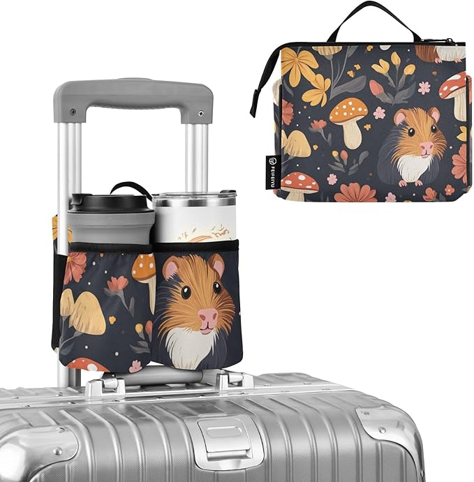 Guinea Pig Mushroom Floral Black Luggage Cup Holder Travel Portable Free Hand Drink Carrier Suitcase Drinks Beverage Holder Carry-On Bottle Mug Holder Organizer Bag Travelers Accessories