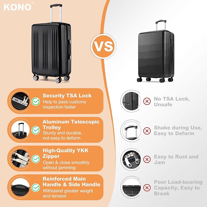 Kono Lightweight 28 Inch Expandable Luggage with Quiet Spinner Wheels TSA Lock, Scratch and Drop Resistant PC+ABS Hardside Durable Large Checked Suitcase, Black