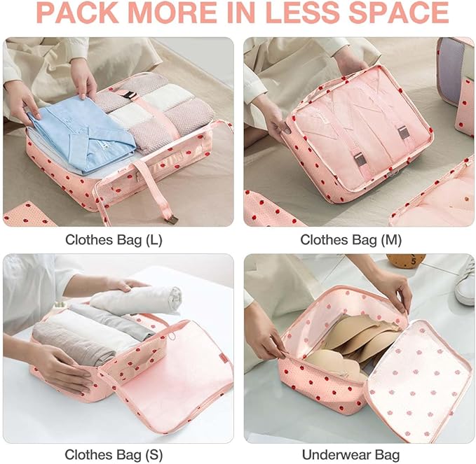 8 Set Packing Cubes for Suitcases,Packing Cube with Shoe, Cosmetics, Clothing, and Accessories Bags Packing Cubes for Travel Luggage Organizer Women Men(Pink Small Strawberry)