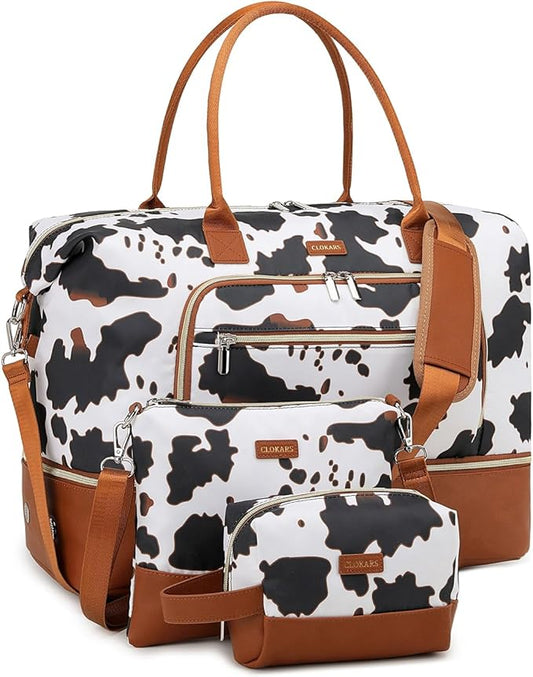 Weekender Bags for Women, Travel Duffle Bag Carry On Overnight Bag with Cosmetics Bag and Crossbody Purse for Gym Hospital, Gifts for Women, Cow Print Brown