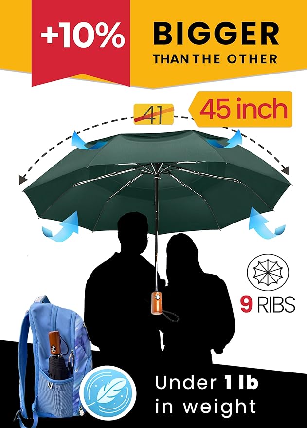Raintrend Windproof Travel Umbrellas for Rain Automatic +10% Bigger Canopy Strong Frame Compact Folding Portable Umbrella for Women Men Backpack Purse