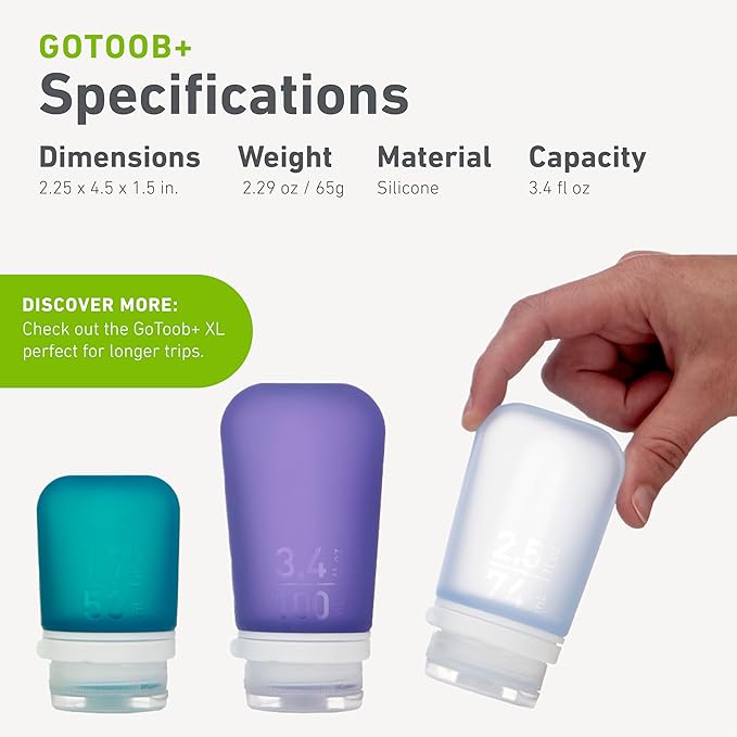 humangear GoToob+ 3-Pack (Large) | Refillable Silicone Travel Bottle | Locking Lid | Food-Safe Material, Clear/Purple/Teal, Large (3.4 fl.oz.; 100ml)