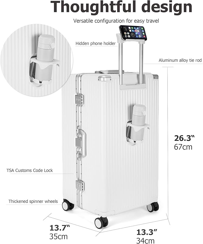 feilario 26in Super Large Captain Aluminum Frame Hardside Spinner Wheels Luggage, Zipperless Checked Suitcase with Cup Holder/Phone Holder (Ivory White,26in)