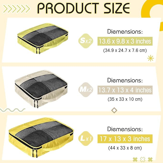 5 Pcs Packing Cubes for Suitcase Large Travel Cubes Carry on Luggage Organizer Bags for Clothes Accessories(Mixed,Yellow)