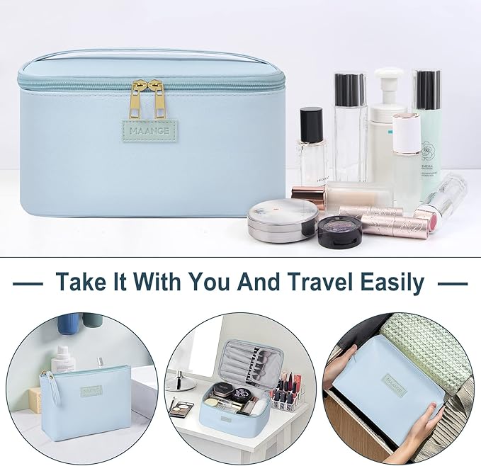 MAANGE Makeup Bag Large Cosmetic Bag with 2pcs Small Makeup Bags Portable Leather Travel Makeup Bag Set Toiletry Bag Make Up Bags for Women and Girls (Blue)