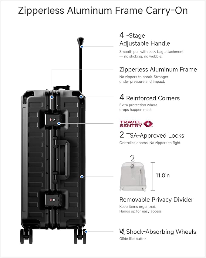 LUGGEX Carry On Luggage with Spinner Wheels, 8010S Aluminum Frame Zipperless Polycarbonate Hard Shell Suitcase with Packing Cubes and Shoe Bag (ZX-Core, Black, 21 Inch)