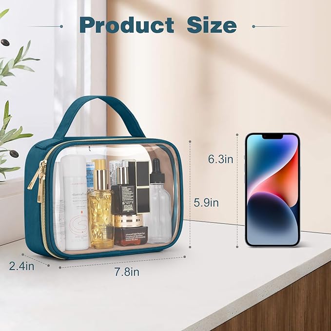 Wedama TSA Approved Toiletry Bag, 3 Pack Clear Makeup Bags with Handles, Quart Size Toiletry Bags, PVC Clear Cosmetic Bags for Women and Men, Carry on Airport Airline (Til Blue, Medium)