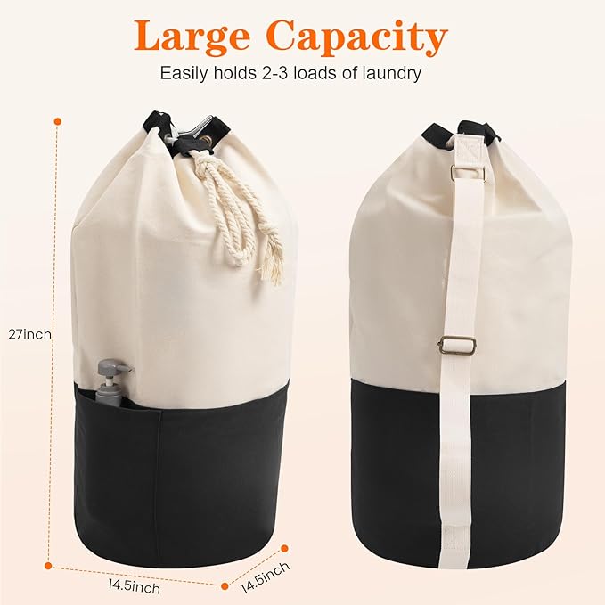Black single-shoulder backpack-style laundry bag made of durable canvas material with a drawstring closure design, suitable for use at university, camping, laundromats, and apartments.