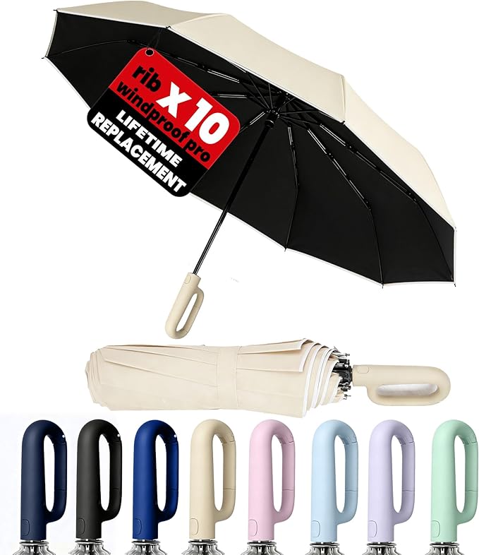 SIEPASA Travel Umbrella with Carabiner Handle - Windproof 10 Ribs Auto Open/Close for Rain & Sun Protection, Compact Portable Clip-on Backpack Design with Safety Reflective Strip.